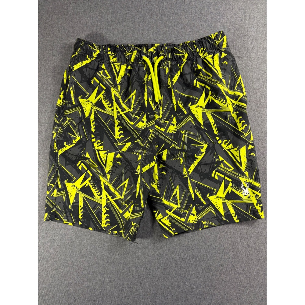 Spyder Boys Swim Trunks Neon Yellow Grey Geometric Print Shorts Size M 10/12